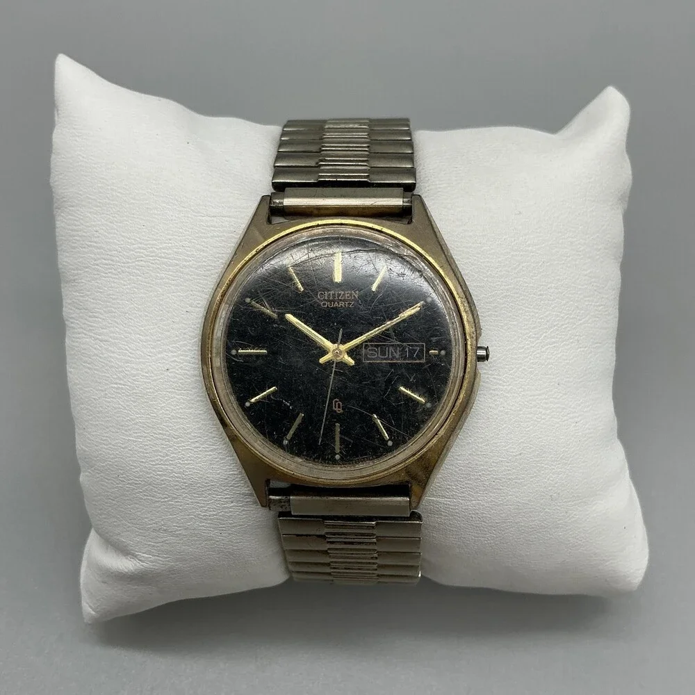 Vintage Citizen H100 Mens Watch 36mm Black Dial Day Date Missing Crown For Parts